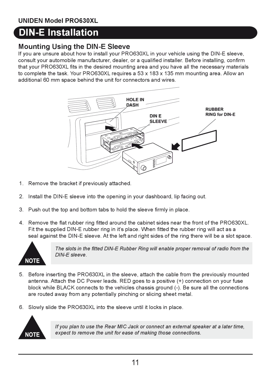 Uniden PRO630XL owner manual DIN-E Installation, Mounting Using the DIN-E Sleeve 