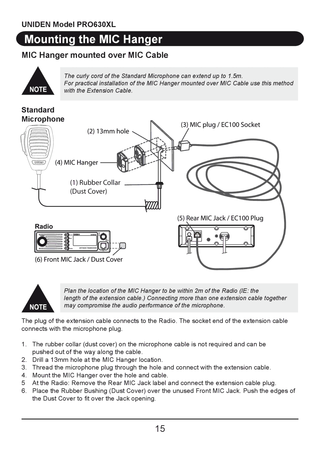 Uniden PRO630XL owner manual MIC Hanger mounted over MIC Cable, Standard Microphone 