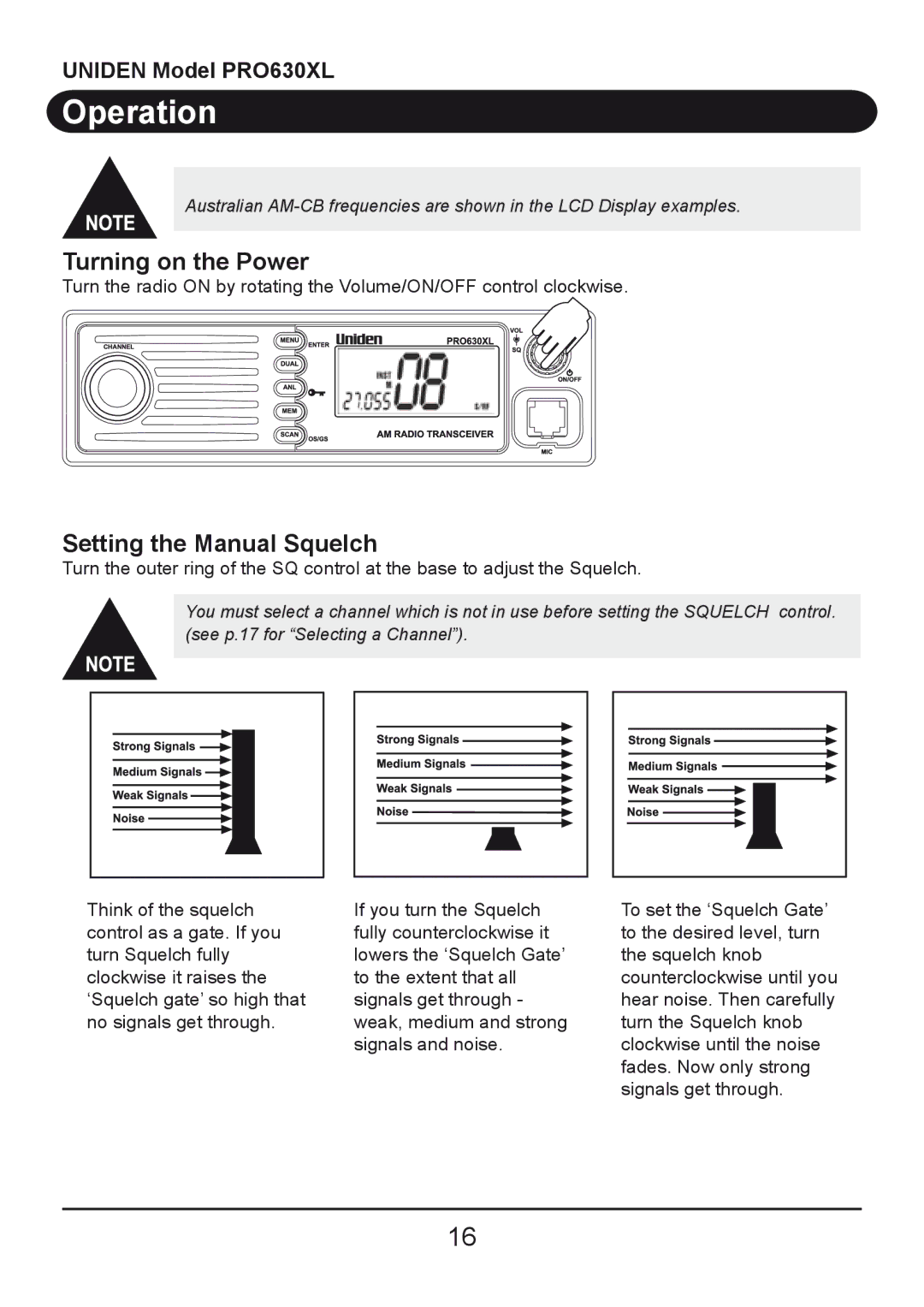 Uniden PRO630XL owner manual Operation, Turning on the Power, Setting the Manual Squelch 