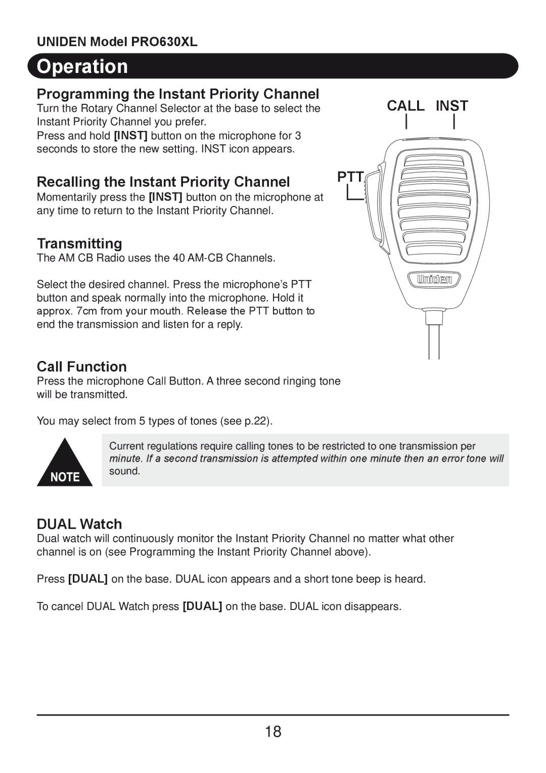 Uniden PRO630XL Programming the Instant Priority Channel, Recalling the Instant Priority Channel, Transmitting, Dual Watch 