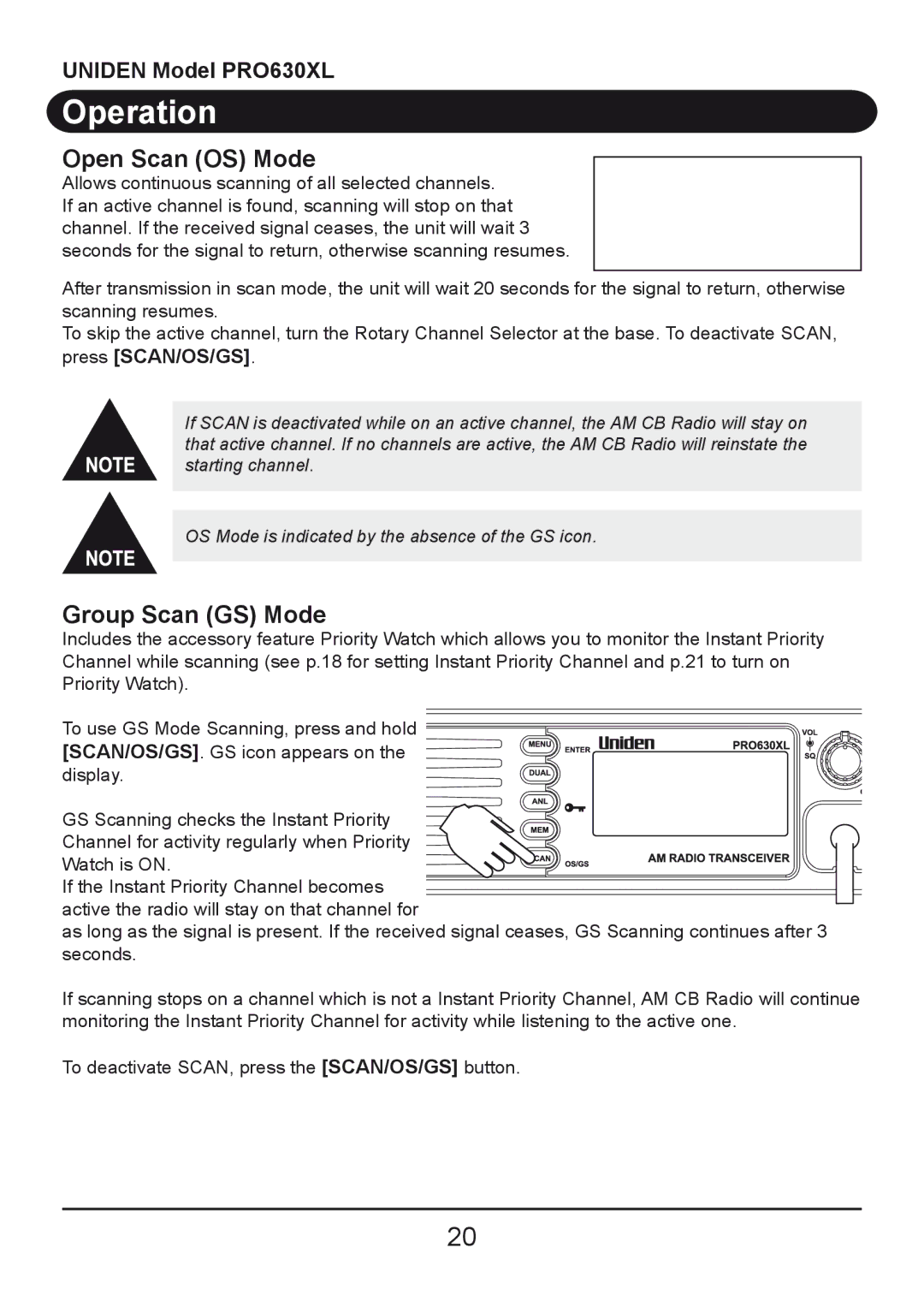 Uniden PRO630XL owner manual Open Scan OS Mode, Group Scan GS Mode 