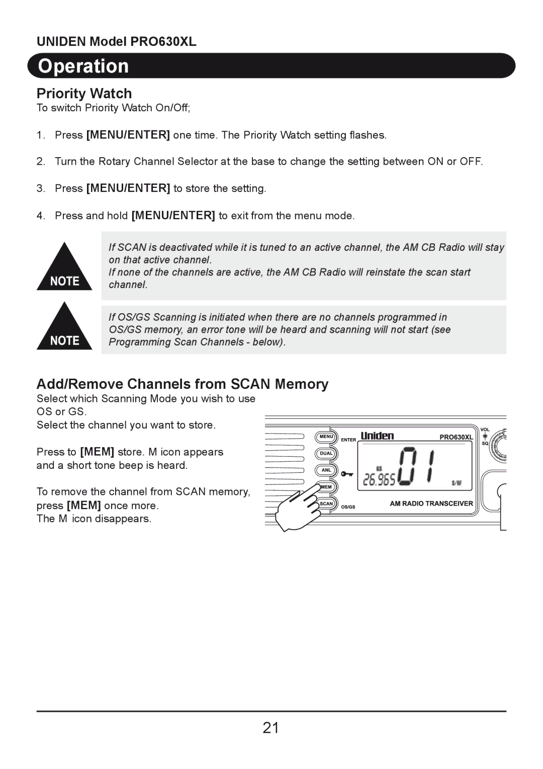 Uniden PRO630XL owner manual Priority Watch, Add/Remove Channels from Scan Memory 