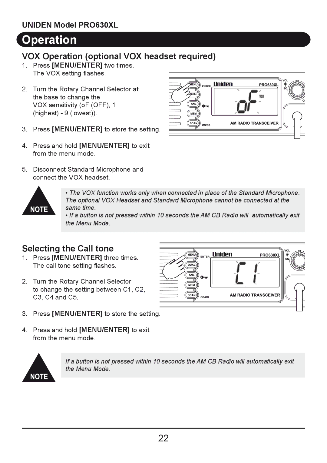 Uniden PRO630XL owner manual VOX Operation optional VOX headset required, Selecting the Call tone 