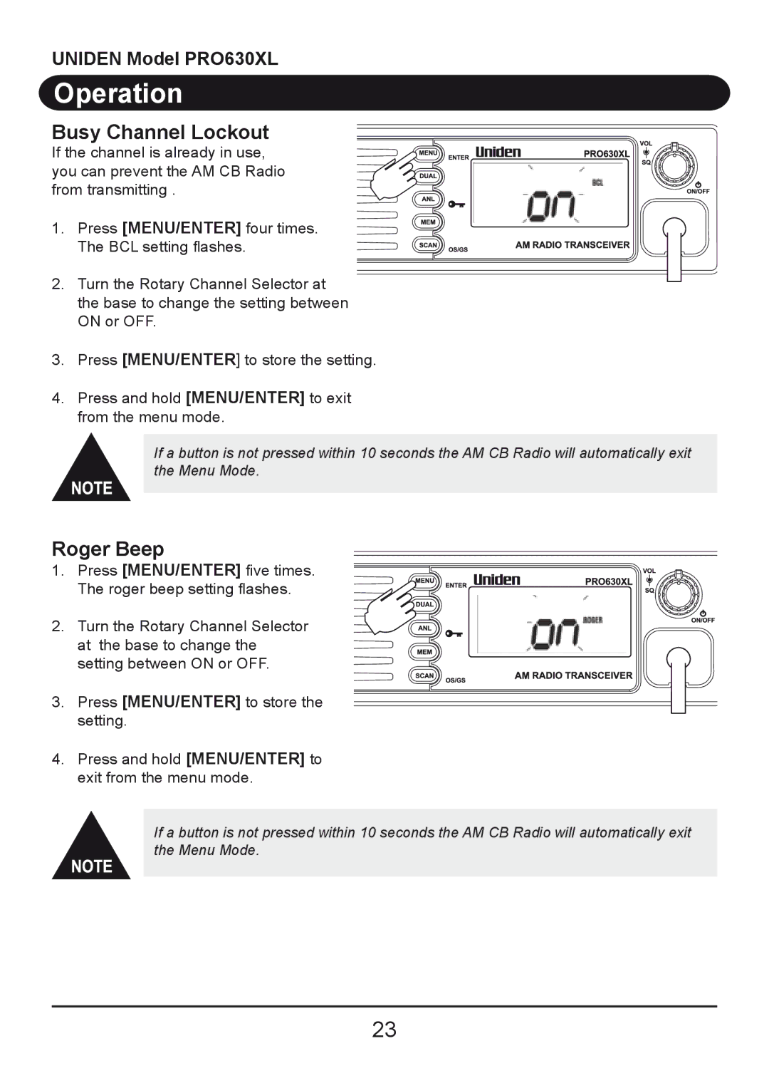 Uniden PRO630XL owner manual Busy Channel Lockout, Roger Beep 