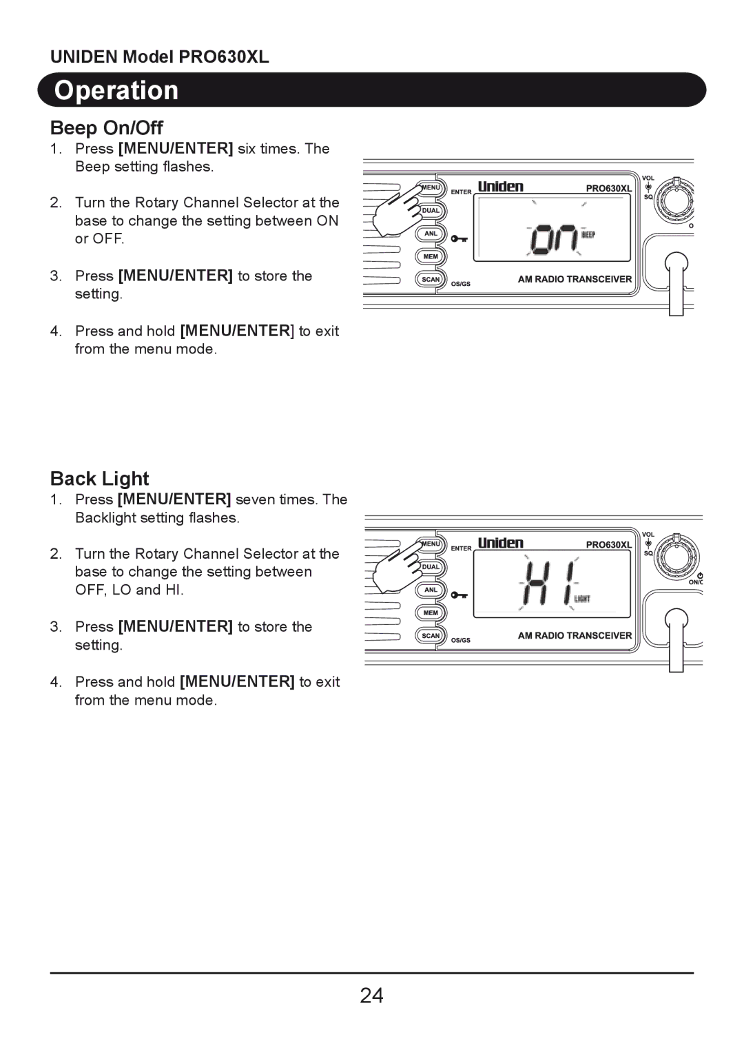 Uniden PRO630XL owner manual Beep On/Off, Back Light 