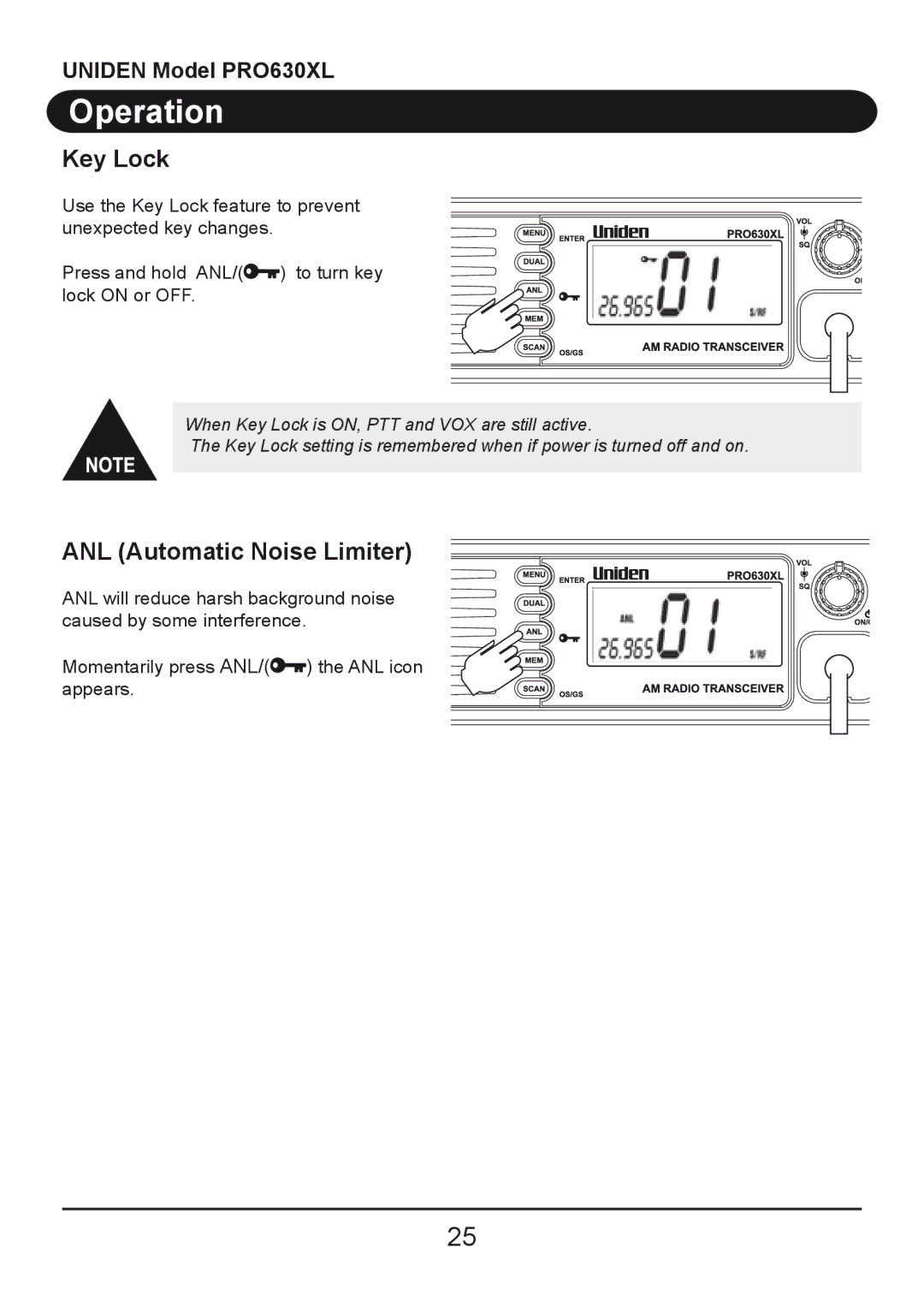 Uniden PRO630XL owner manual Key Lock, ANL Automatic Noise Limiter 