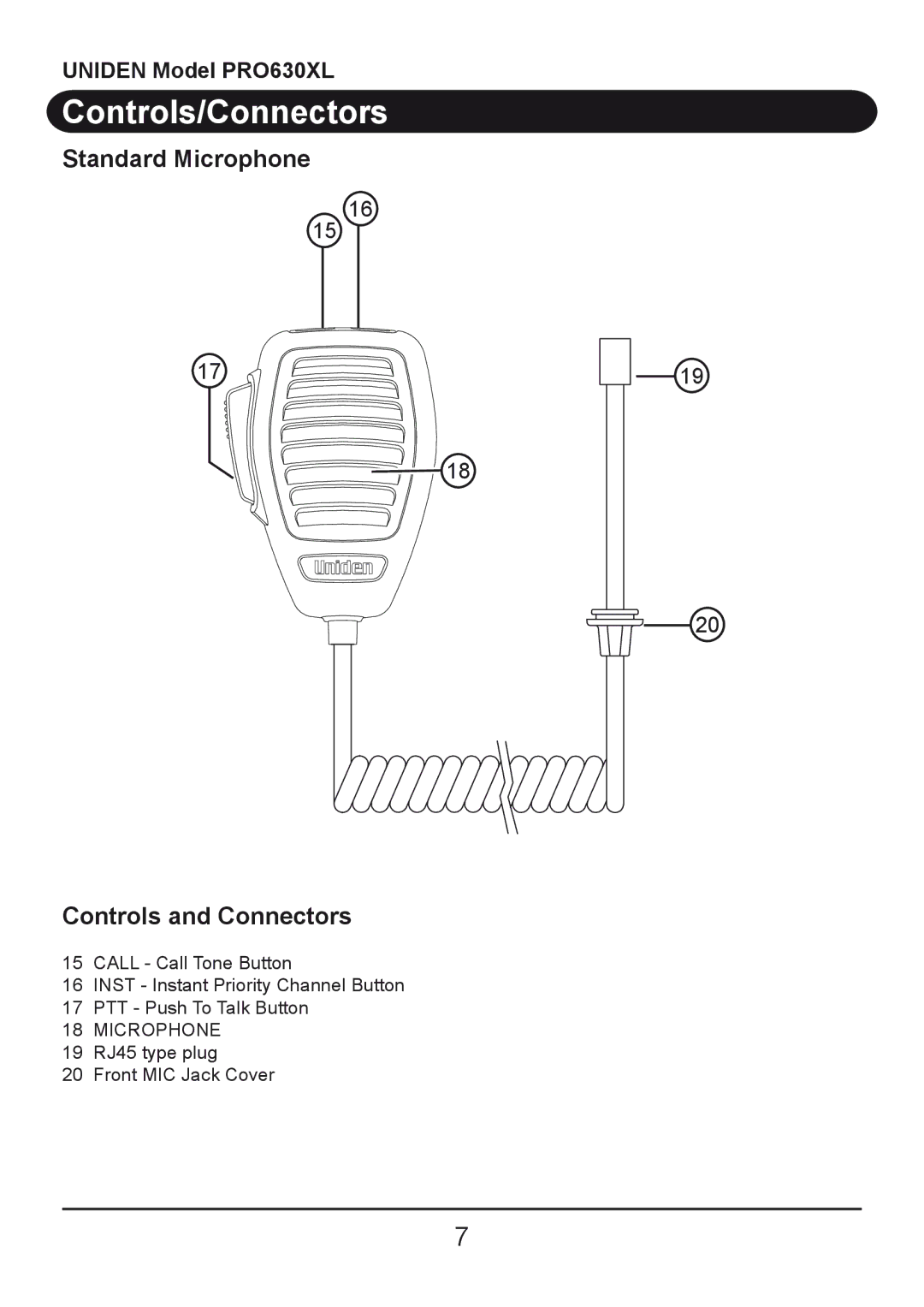 Uniden PRO630XL owner manual Standard Microphone Controls and Connectors 