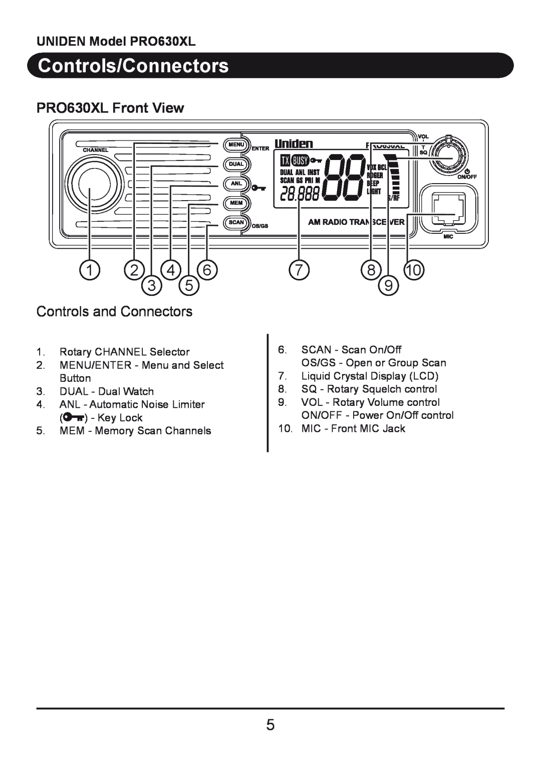 Uniden owner manual Controls/Connectors, PRO630XL Front View, Controls and Connectors, UNIDEN Model PRO630XL 