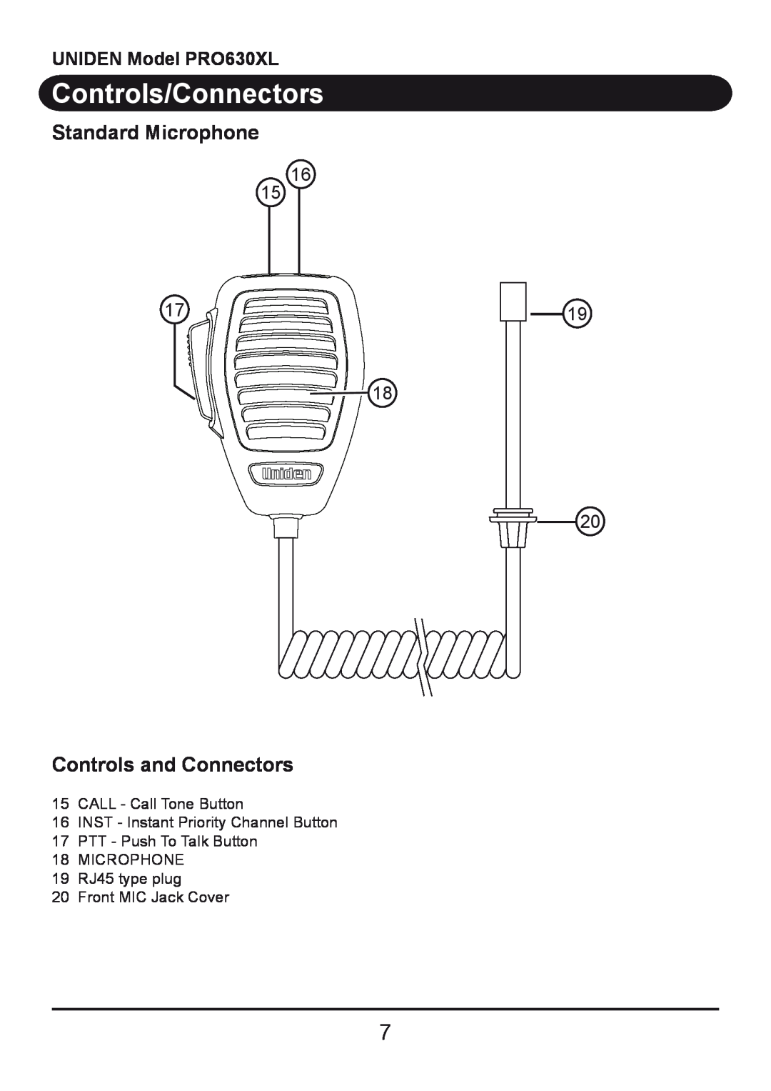 Uniden owner manual Standard Microphone, Controls and Connectors, Controls/Connectors, UNIDEN Model PRO630XL 
