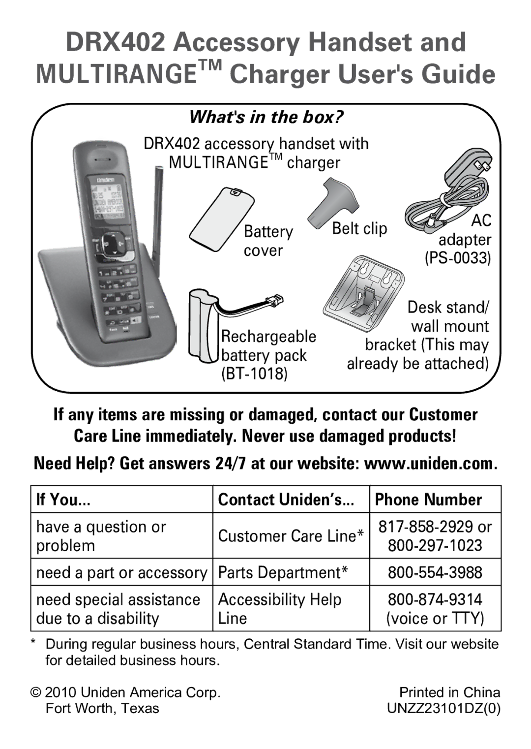 Uniden PS-0033 manual DRX402 Accessory Handset Multirangetm Charger Users Guide, Whats in the box?, Phone Number 