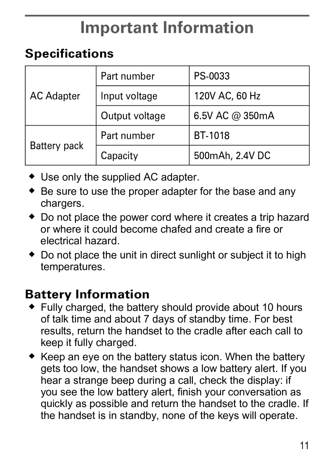 Uniden PS-0033 manual Important Information, Specifications, Battery Information 