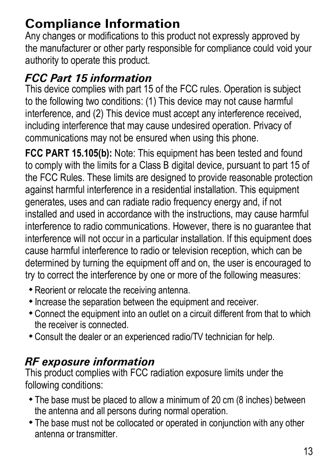 Uniden PS-0033 manual Compliance Information, FCC Part 15 information, RF exposure information 