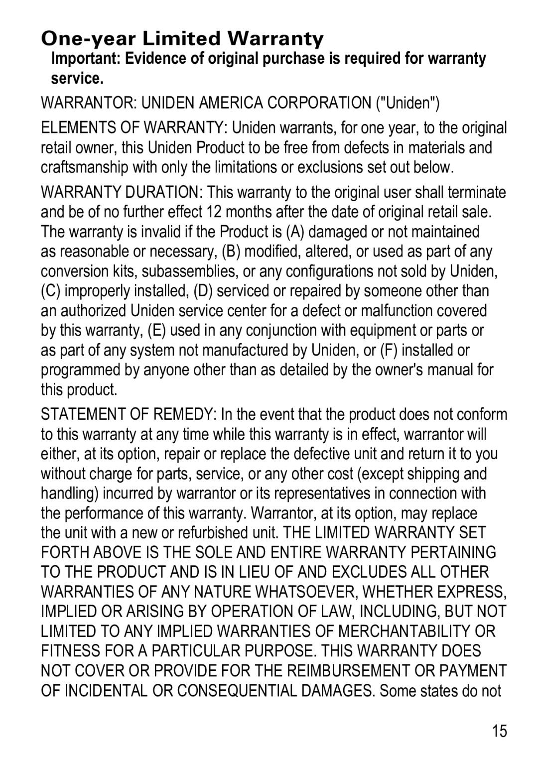 Uniden PS-0033 manual One-year Limited Warranty, Warrantor Uniden America Corporation Uniden 