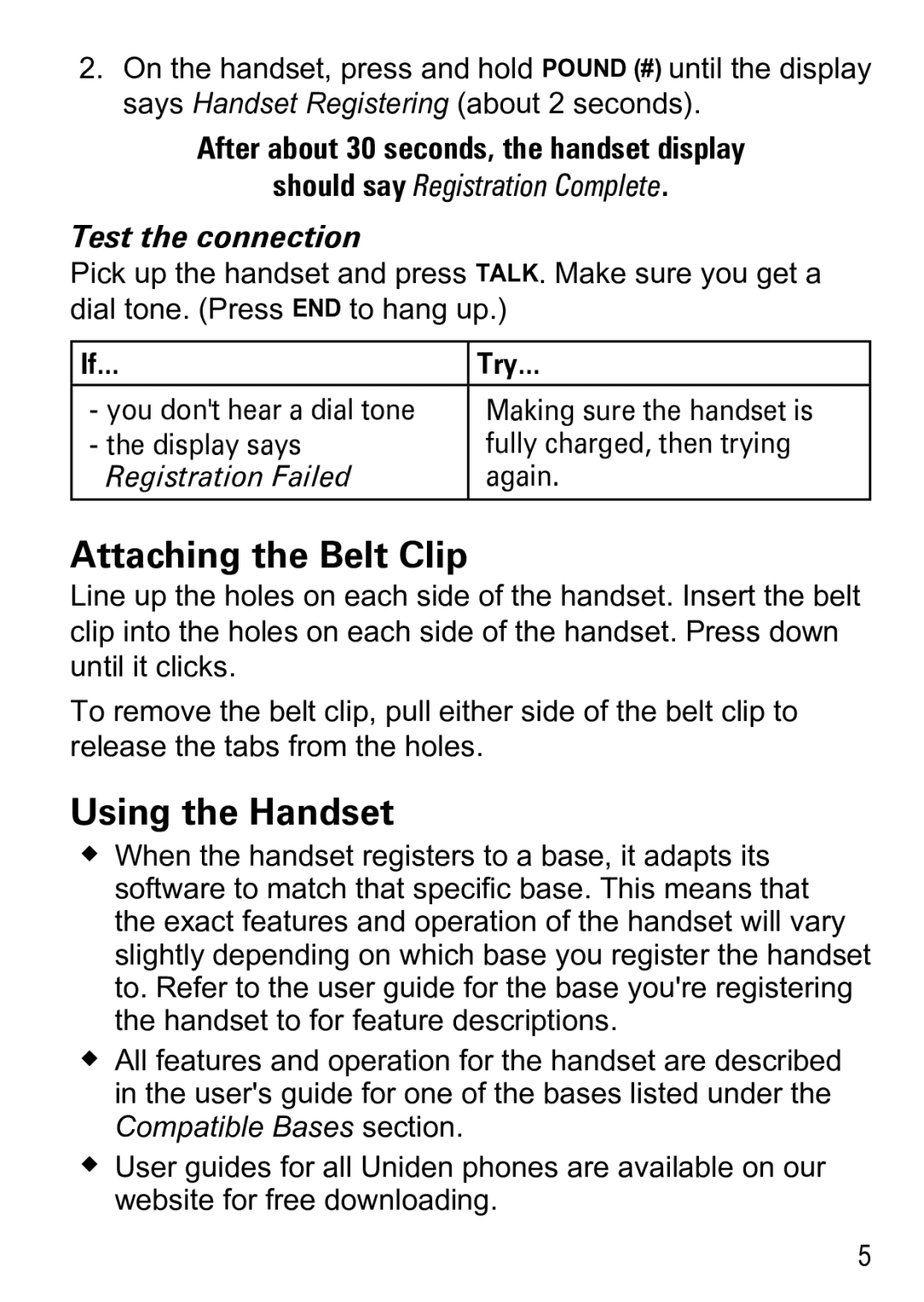 Uniden PS-0033 manual Attaching the Belt Clip, Using the Handset, After about 30 seconds, the handset display, Again 