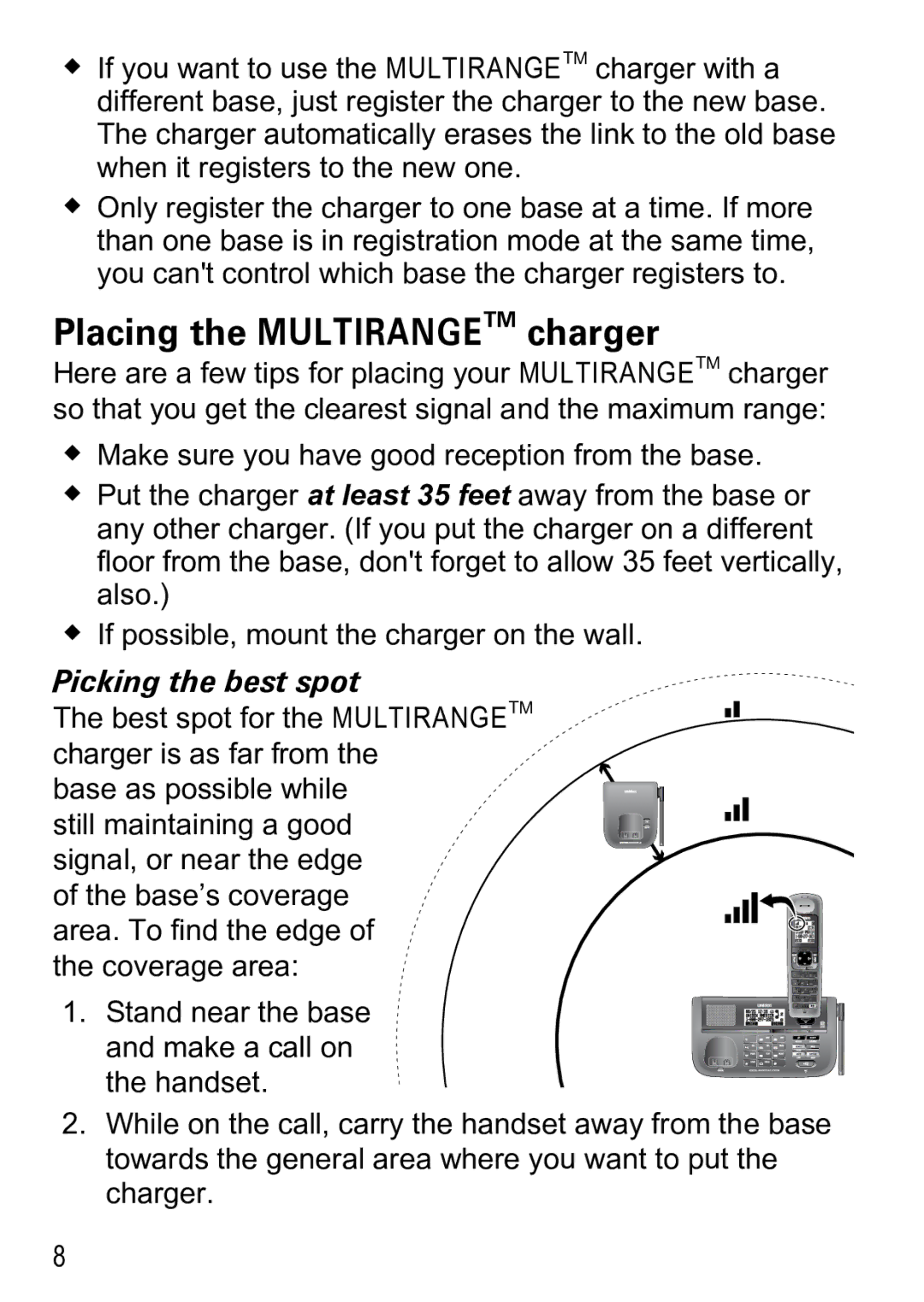 Uniden PS-0033 manual Placing the Multirangetm charger, Picking the best spot 