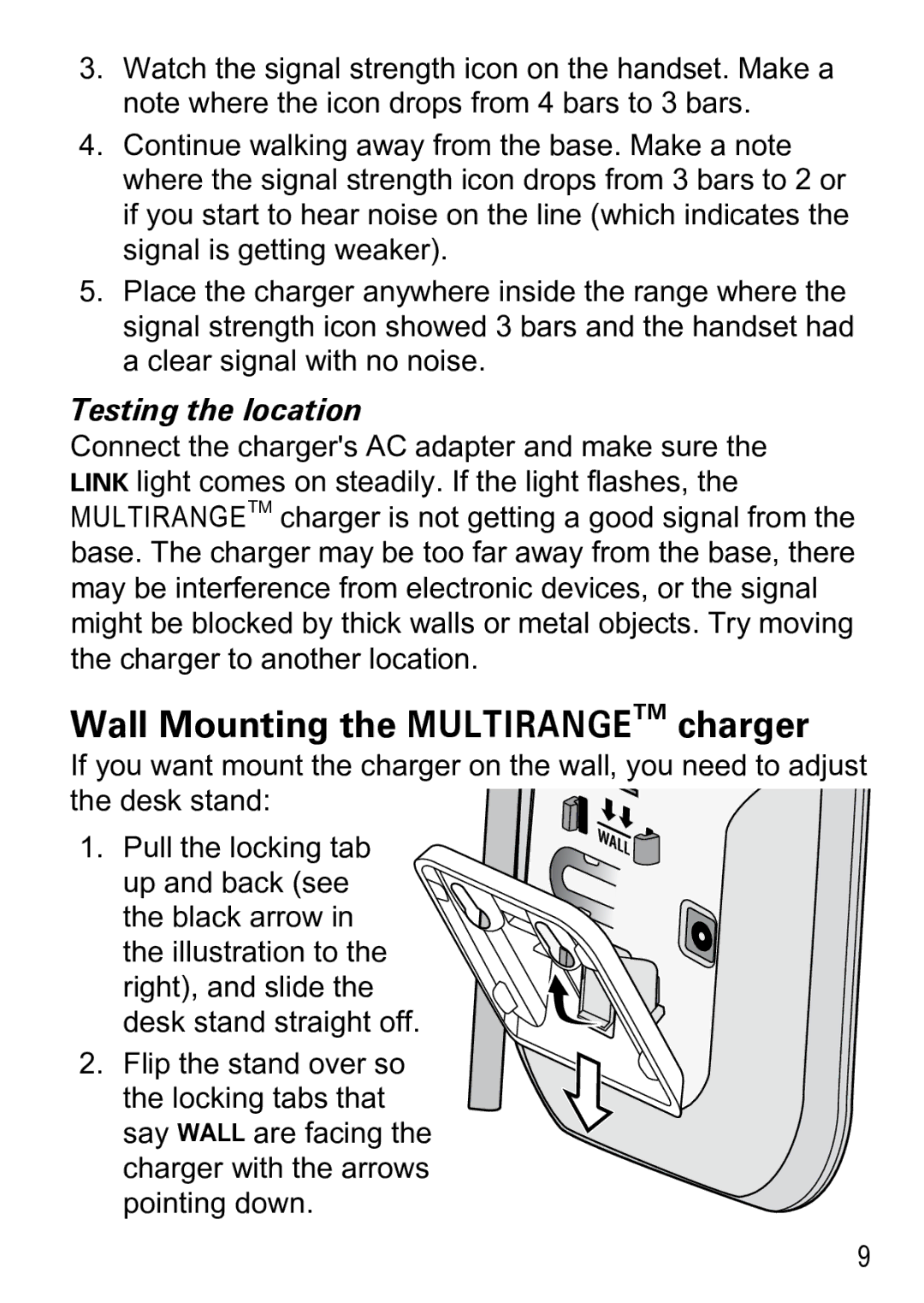 Uniden PS-0033 manual Wall Mounting the Multirangetm charger, Testing the location 