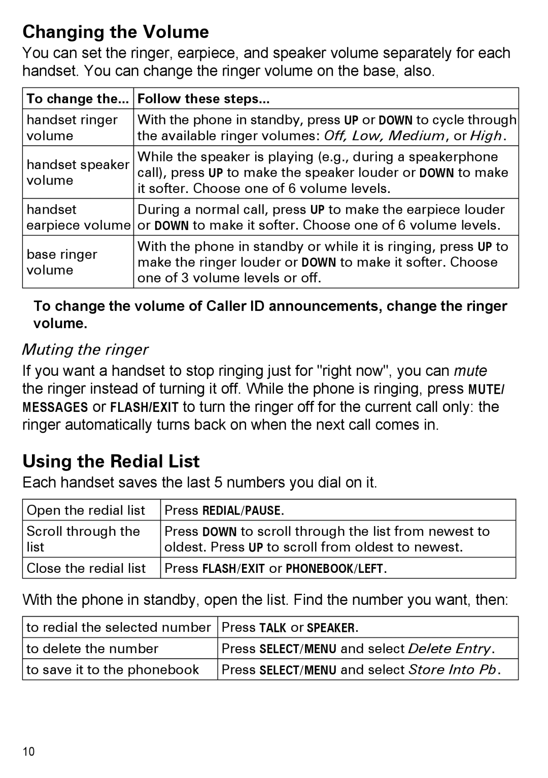 Uniden PS-0035 manual Changing the Volume, Using the Redial List, Muting the ringer, Follow these steps 