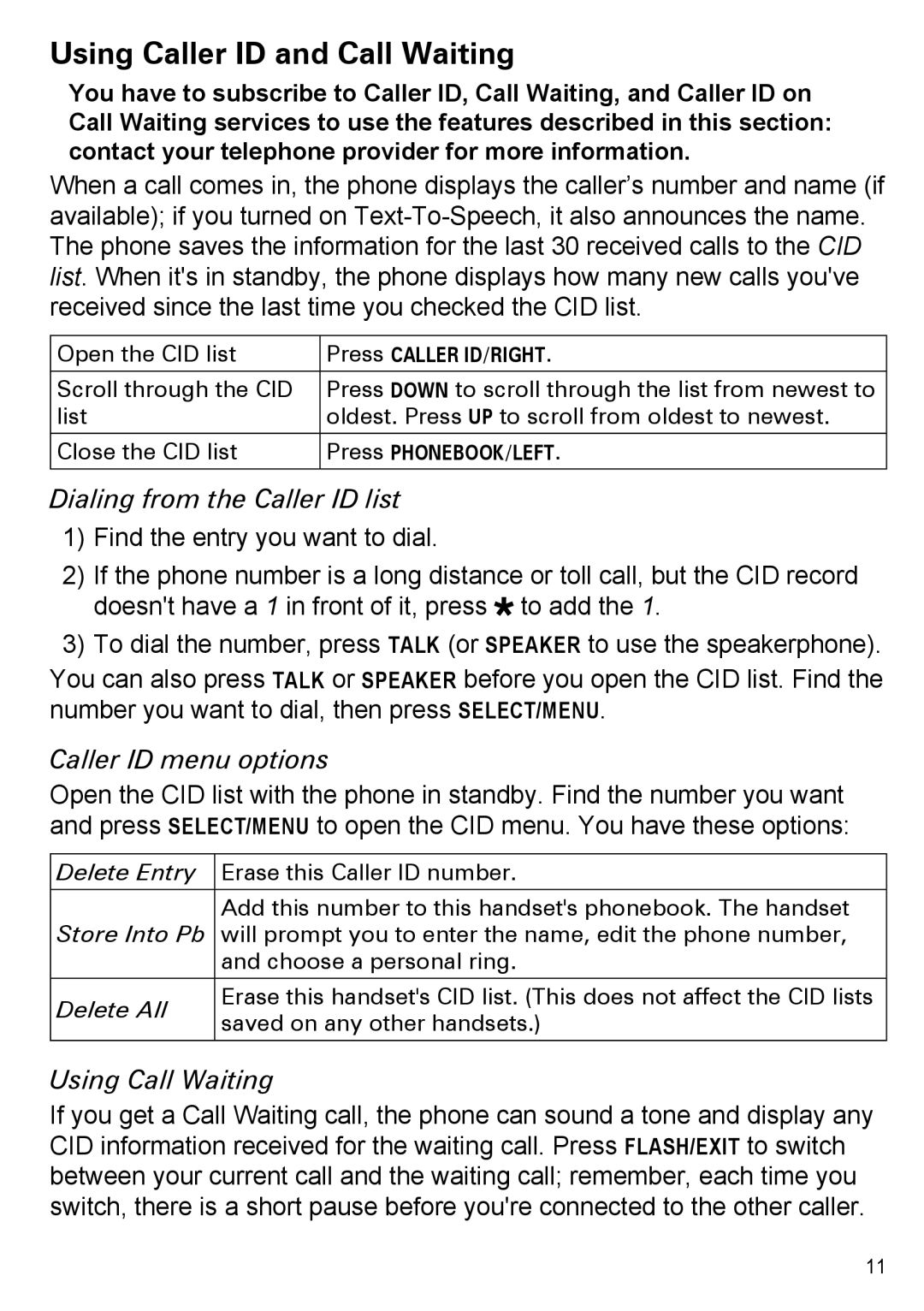 Uniden PS-0035 manual Using Caller ID and Call Waiting, Dialing from the Caller ID list, Caller ID menu options 