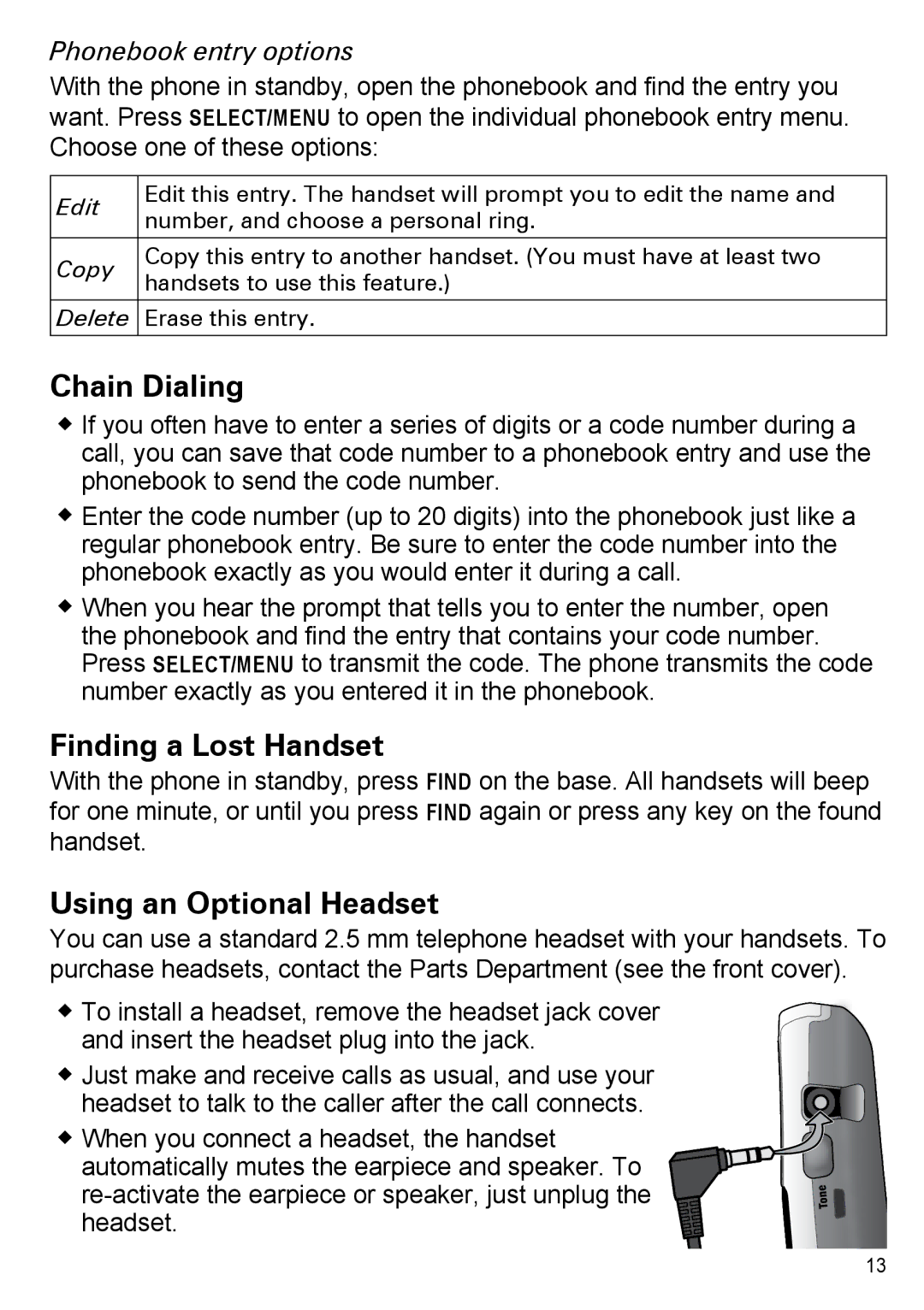 Uniden PS-0035 manual Chain Dialing, Finding a Lost Handset, Using an Optional Headset, Phonebook entry options 