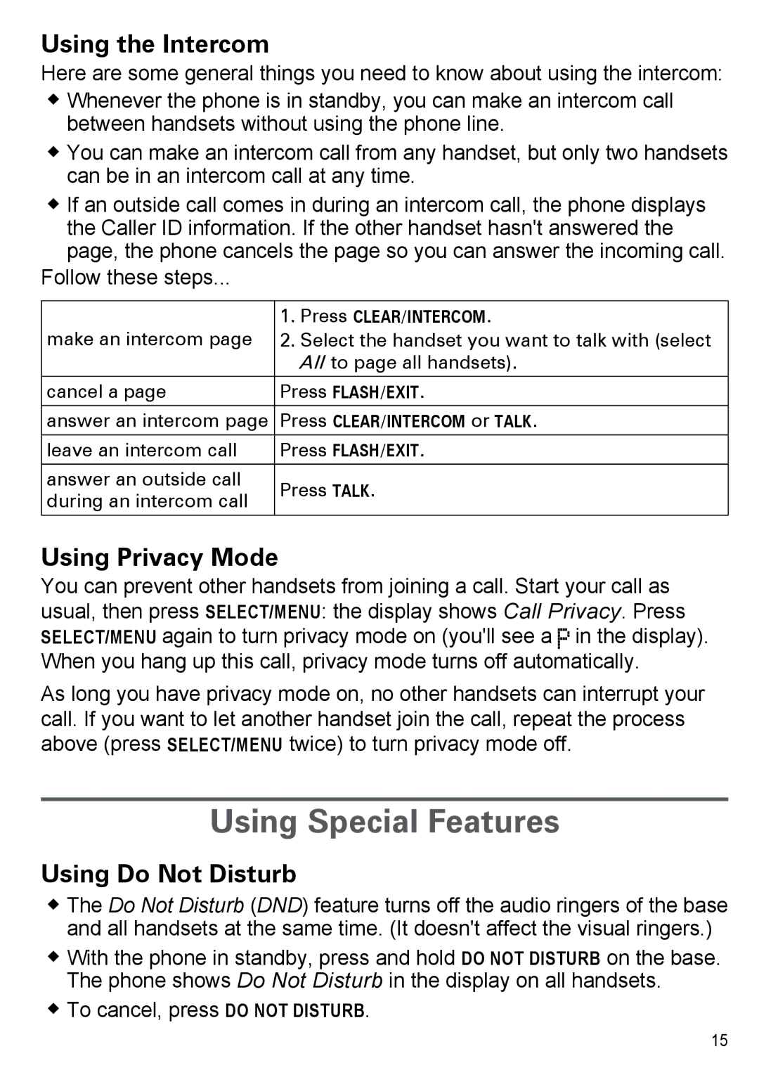 Uniden PS-0035 manual Using Special Features, Using the Intercom, Using Privacy Mode, Using Do Not Disturb 