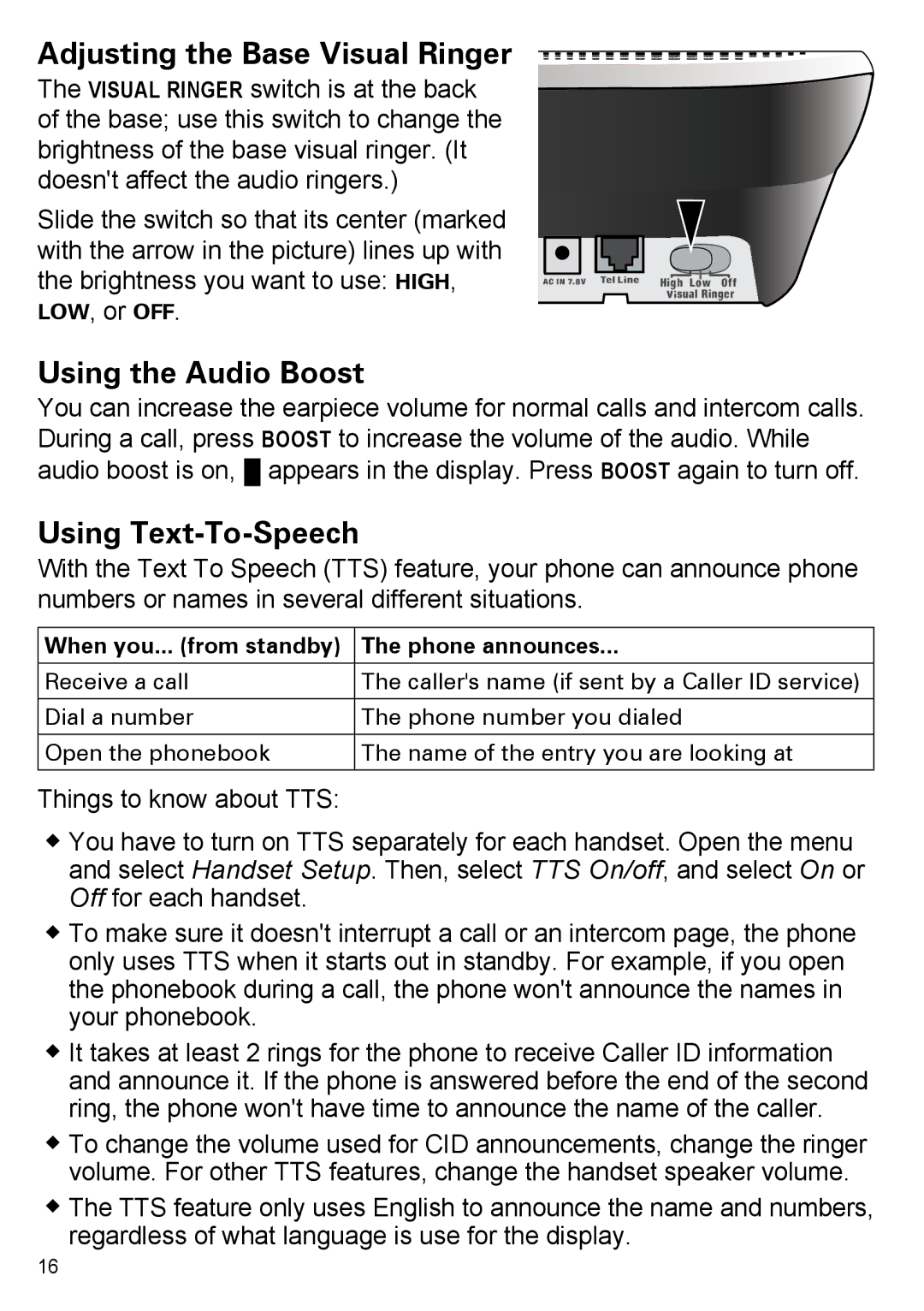 Uniden PS-0035 manual Adjusting the Base Visual Ringer, Using the Audio Boost, Using Text-To-Speech 