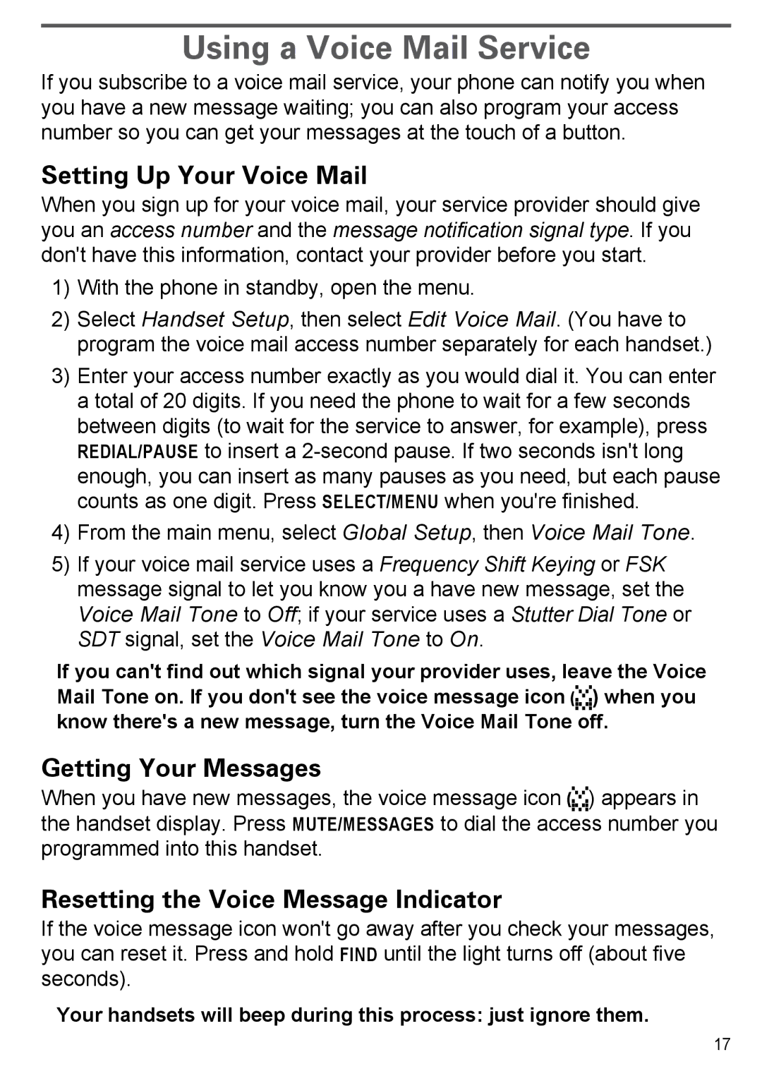 Uniden PS-0035 manual Using a Voice Mail Service, Setting Up Your Voice Mail, Getting Your Messages 