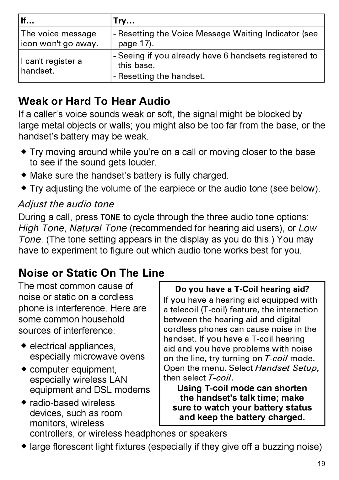 Uniden PS-0035 manual Weak or Hard To Hear Audio, Noise or Static onO The Line, Adjust the audio tone 