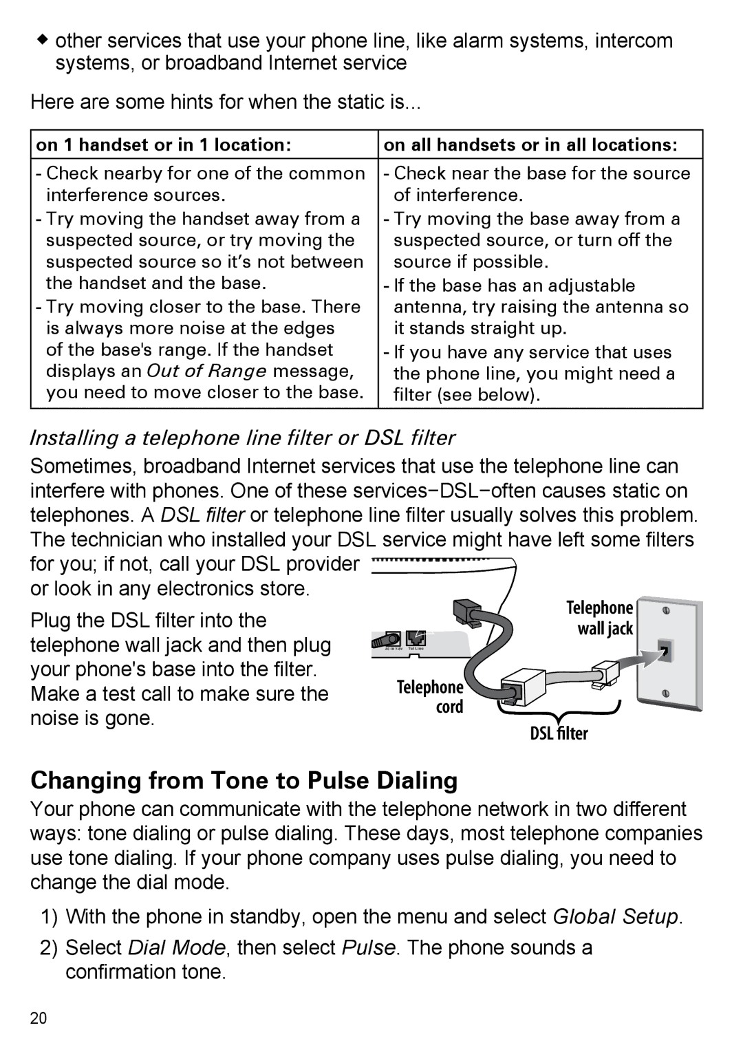 Uniden PS-0035 manual Changing from Tone to Pulse Dialing, Installing a telephone line filter or DSL filter 