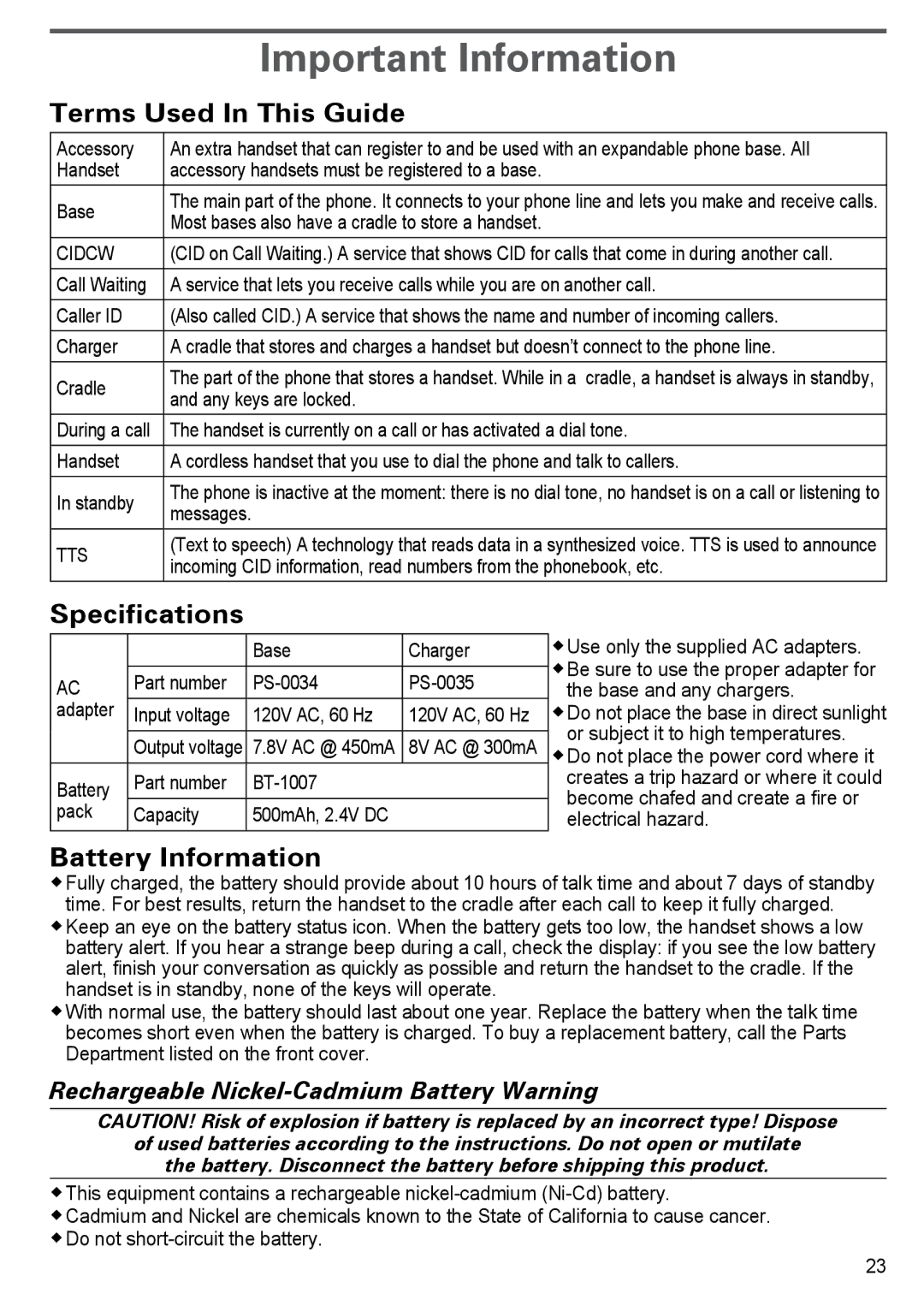 Uniden PS-0035 manual Important Information, Terms Used In This Guide 