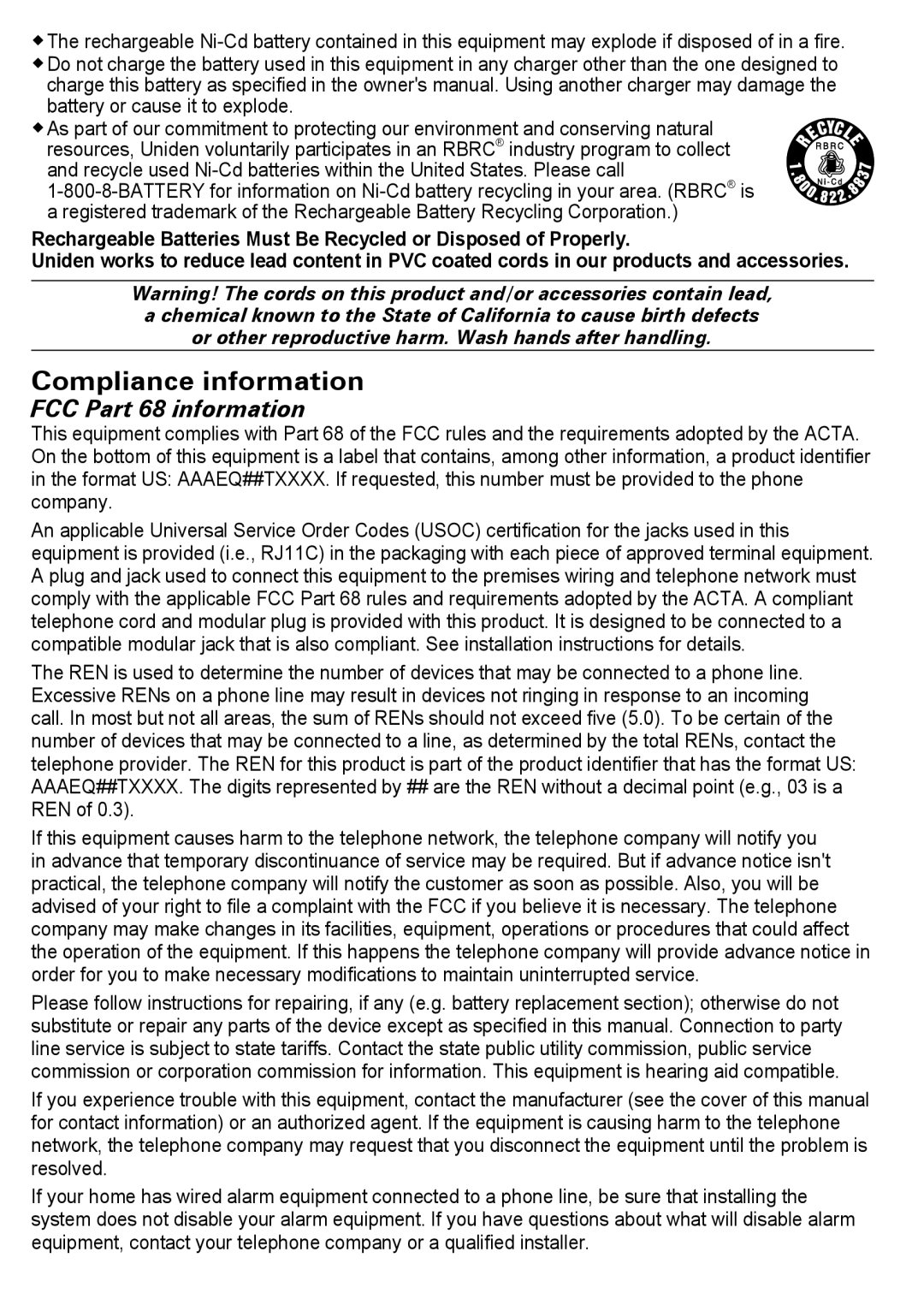 Uniden PS-0035 manual Compliance information 