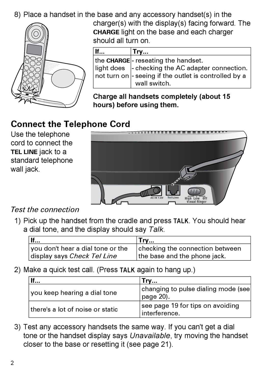 Uniden PS-0035 manual Connect the Telephone Cord, Test the connection, If... Try 