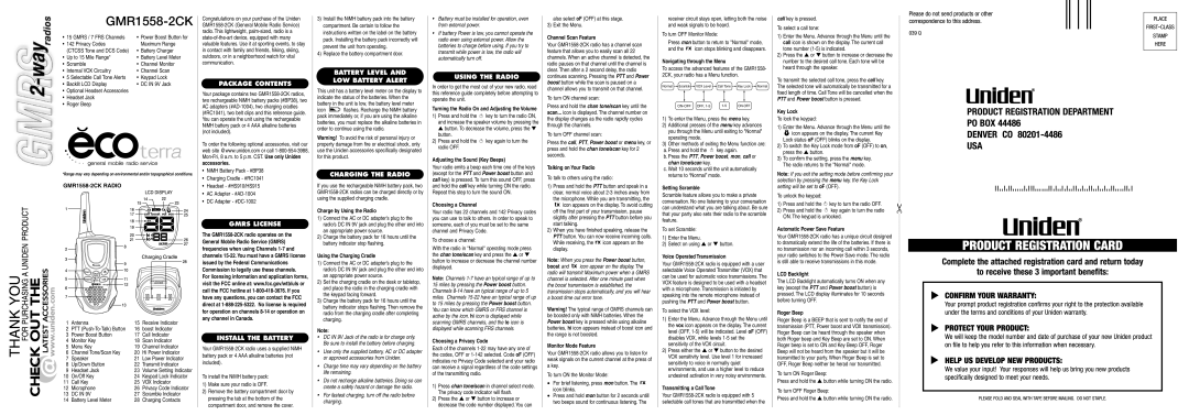 Uniden manual Package Contents, Gmrs License, Install the Battery, Battery Level LOW Battery Alert, Using the Radio 
