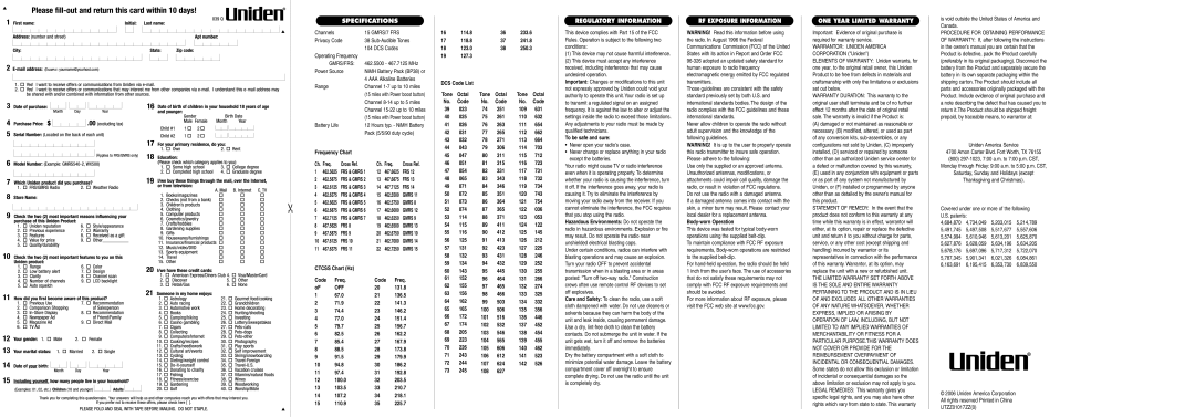 Uniden Radio manual Specifications, Regulatory Information, RF Exposure Information, ONE Year Limited Warranty 