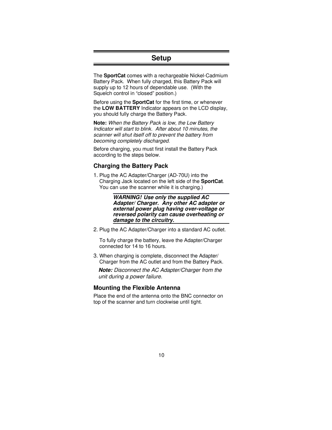 Uniden SC180 manual Setup, Charging the Battery Pack, Mounting the Flexible Antenna 