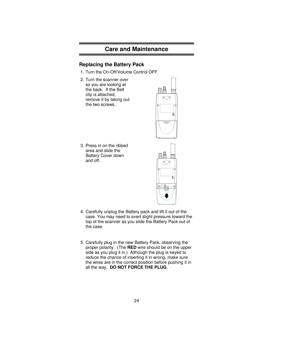 Uniden SC180 manual Care and Maintenance, Replacing the Battery Pack 