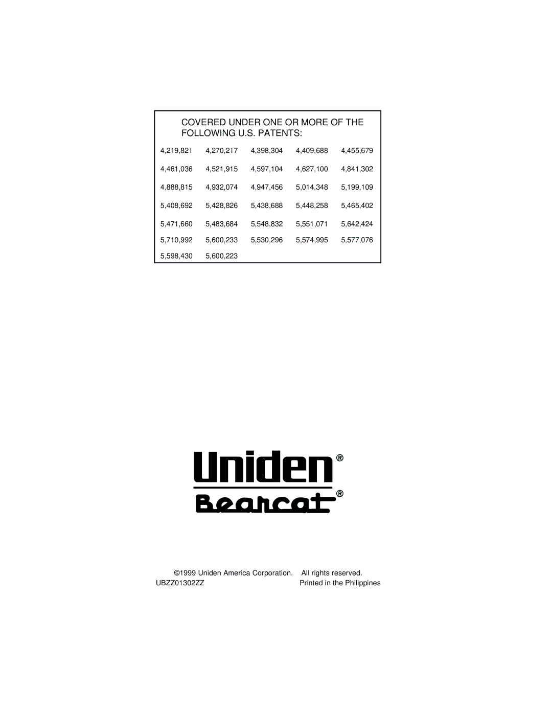 Uniden SC180 manual Covered Under ONE or More of the Following U.S. Patents 