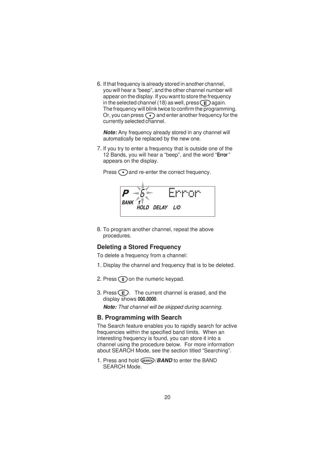 Uniden SC200 manual Deleting a Stored Frequency, Programming with Search 