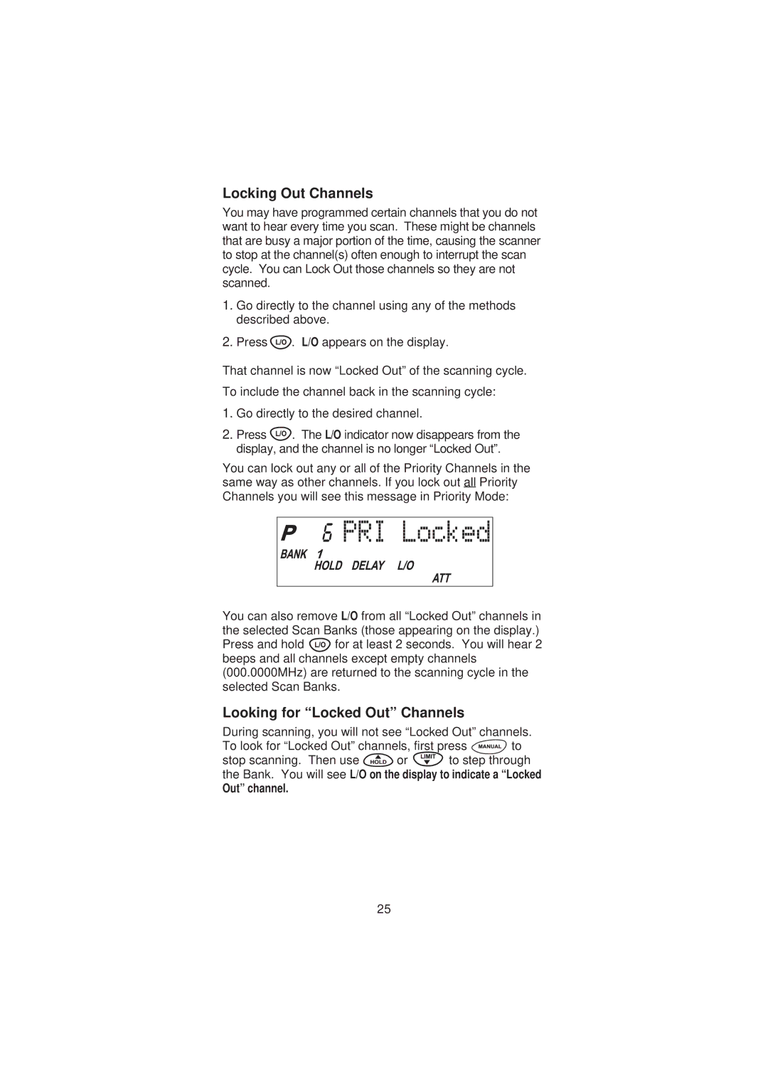 Uniden SC200 manual Locking Out Channels, Looking for Locked Out Channels 