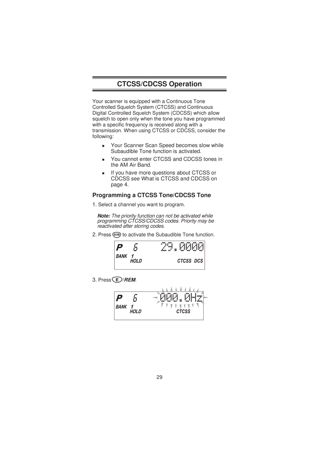 Uniden SC200 manual CTCSS/CDCSS Operation, Programming a Ctcss Tone/CDCSS Tone 