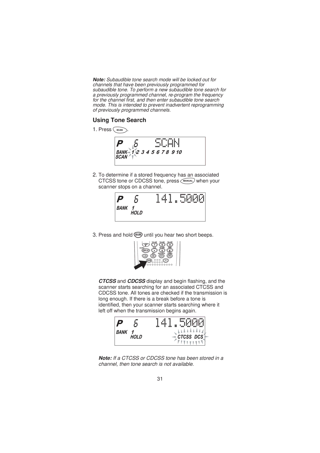 Uniden SC200 manual Using Tone Search 