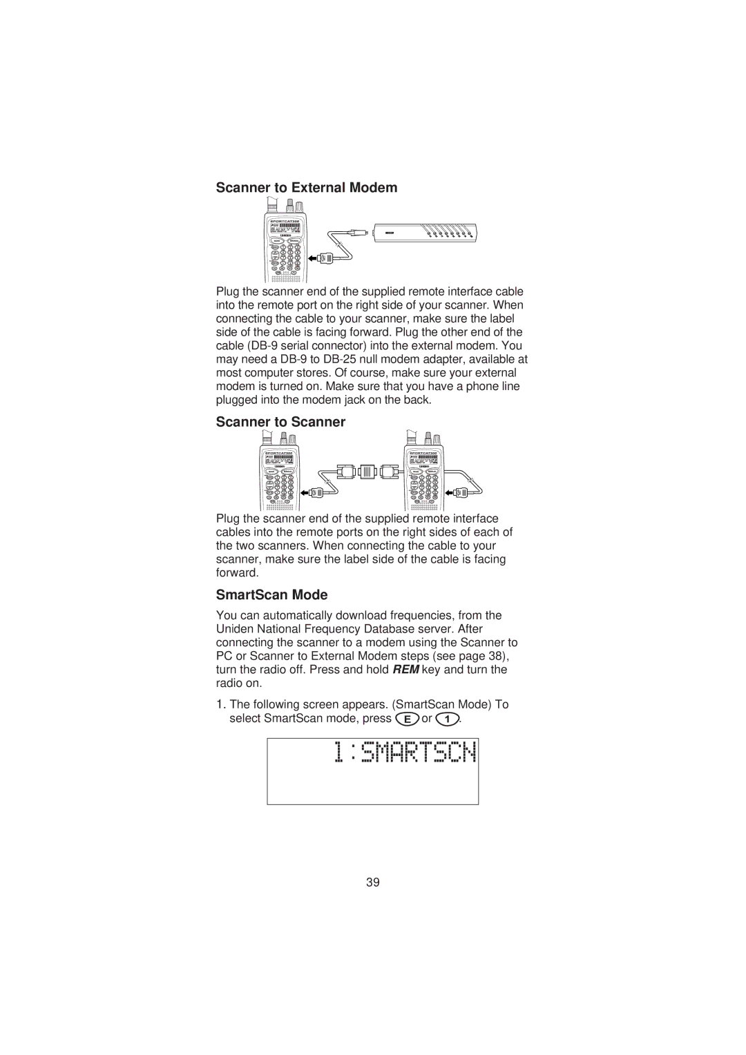 Uniden SC200 manual Scanner to External Modem, Scanner to Scanner, SmartScan Mode 