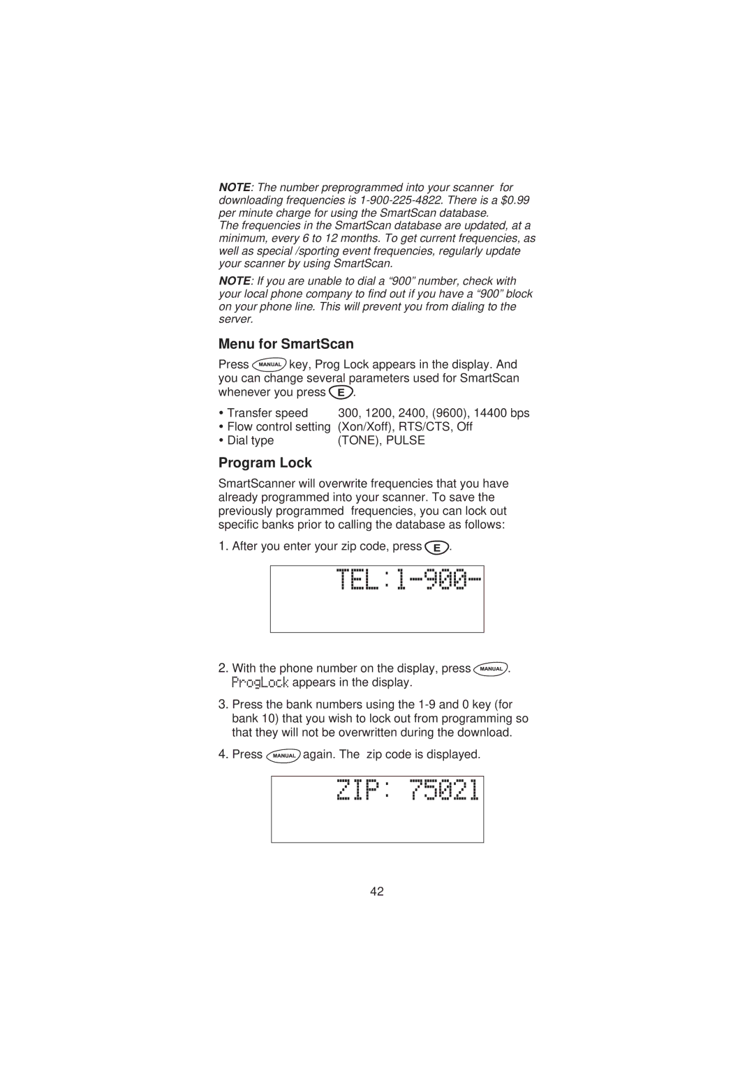 Uniden SC200 Menu for SmartScan, Program Lock, Whenever you press Transfer speed, Press again. The zip code is displayed 