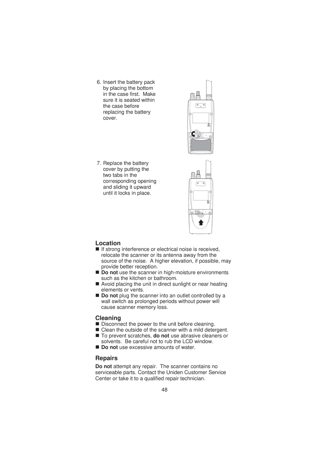 Uniden SC200 manual Location, Cleaning, Repairs 