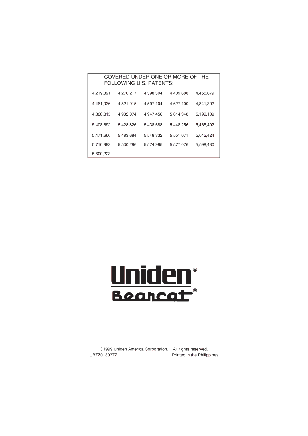 Uniden SC200 manual Covered Under ONE or More of the Following U.S. Patents 