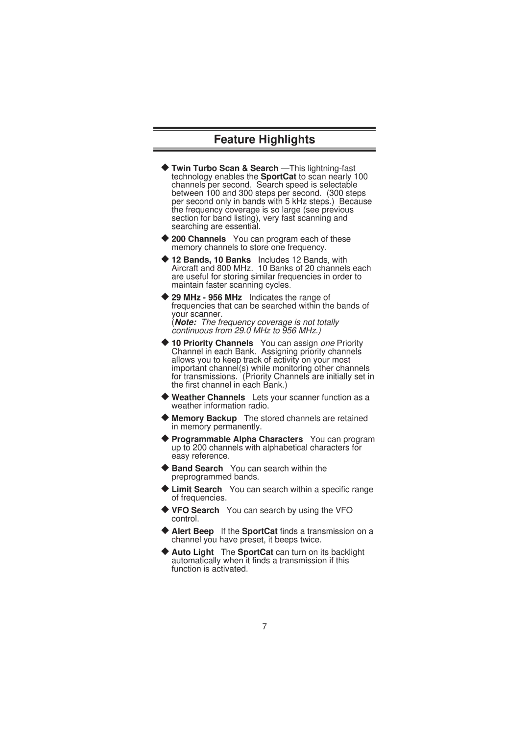 Uniden SC200 manual Feature Highlights 