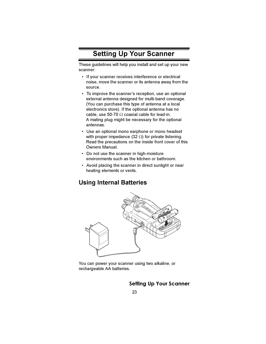 Uniden SC230 owner manual Setting Up Your Scanner, Using Internal Batteries 