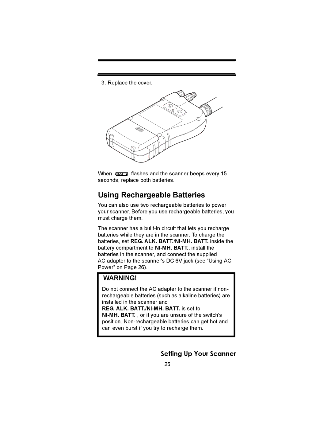 Uniden SC230 owner manual Using Rechargeable Batteries 