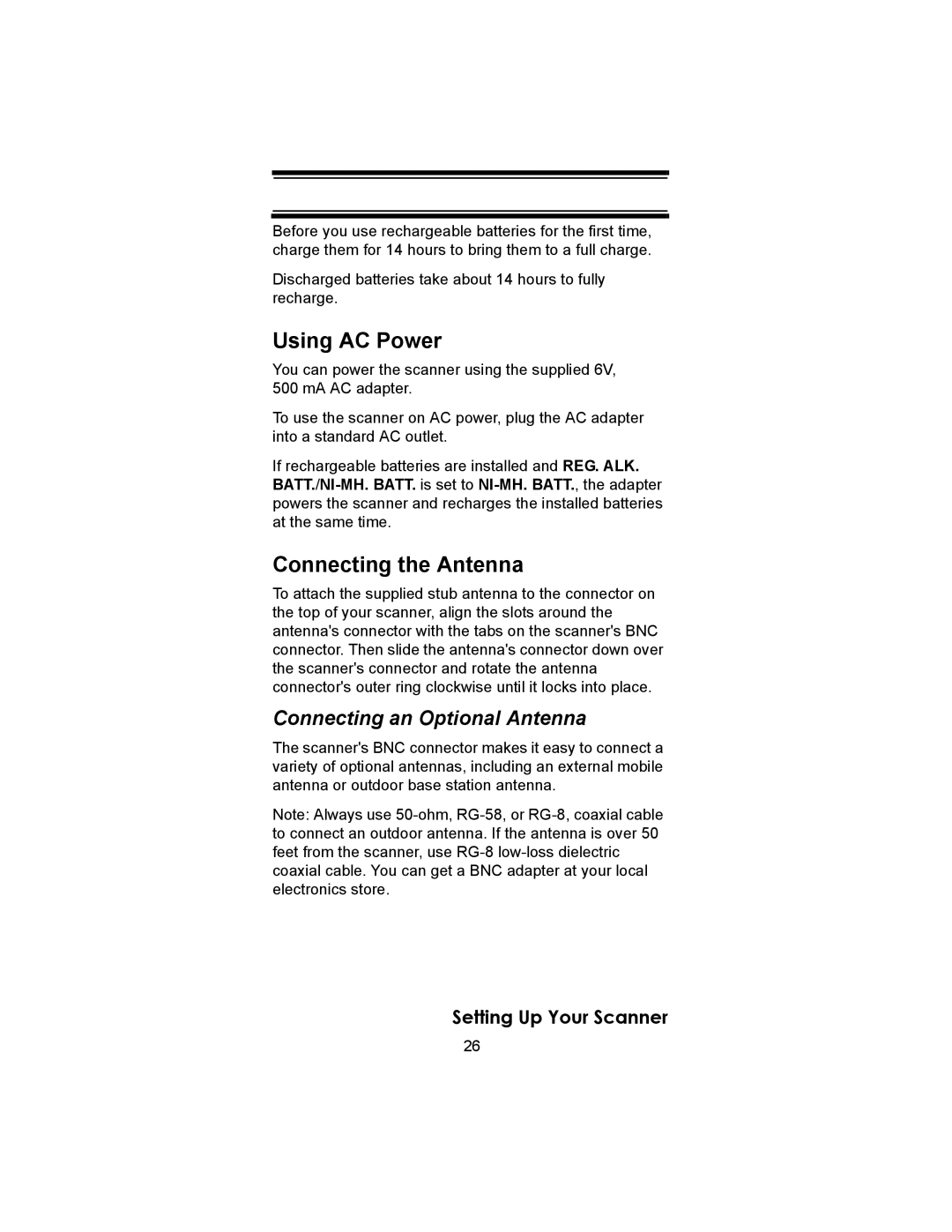 Uniden SC230 owner manual Using AC Power, Connecting the Antenna, Connecting an Optional Antenna 