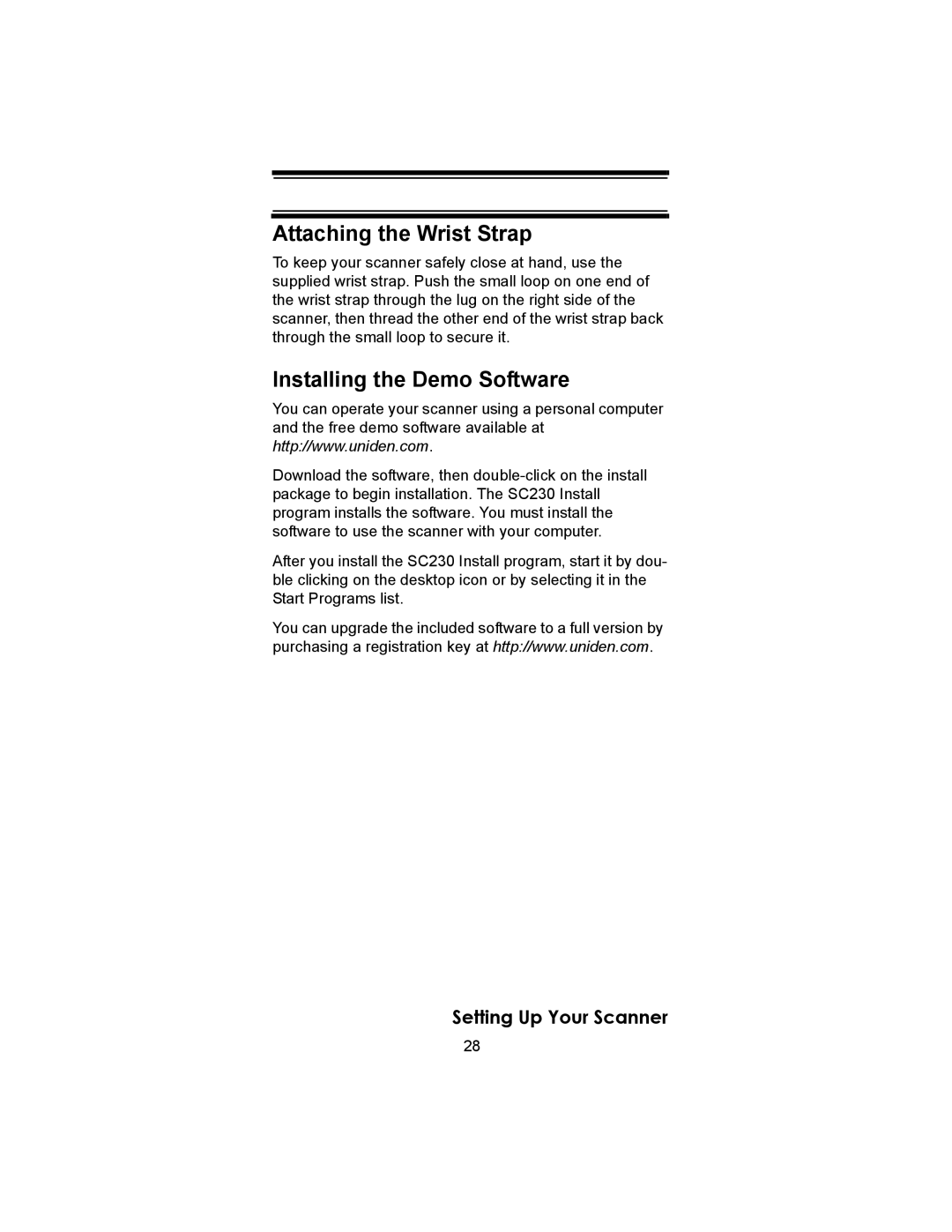Uniden SC230 owner manual Attaching the Wrist Strap, Installing the Demo Software 