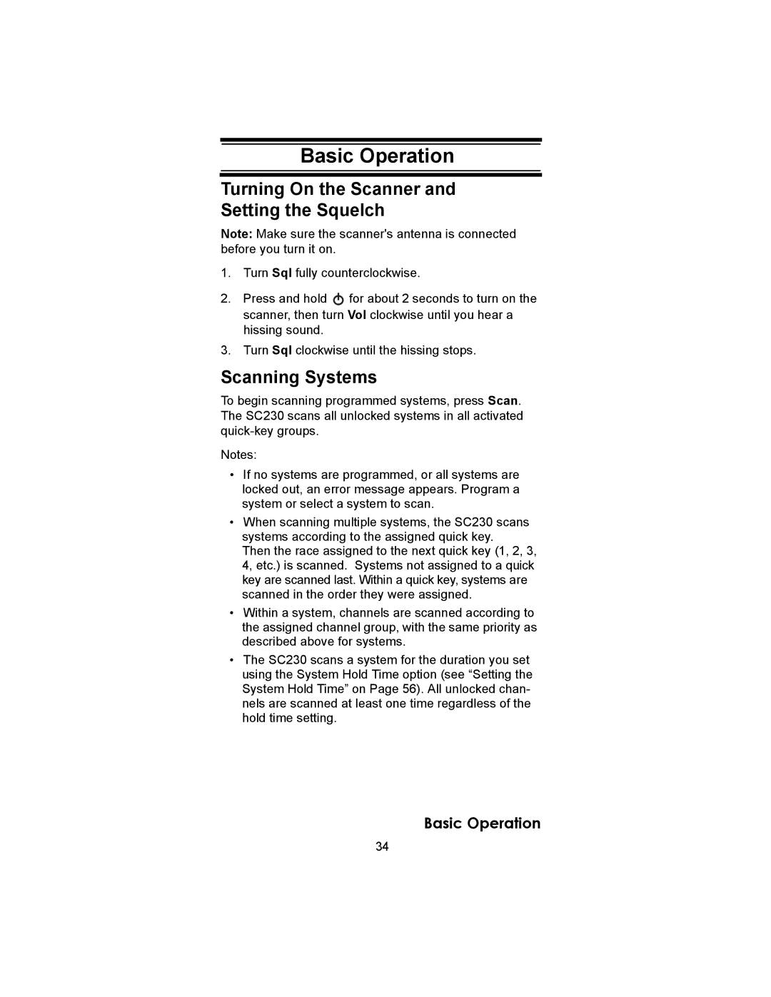 Uniden SC230 owner manual Basic Operation, Turning On the Scanner Setting the Squelch, Scanning Systems 